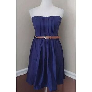Navy Blue Strapless Pleated Front Belted Dress by Ya Los Angeles from ModCloth